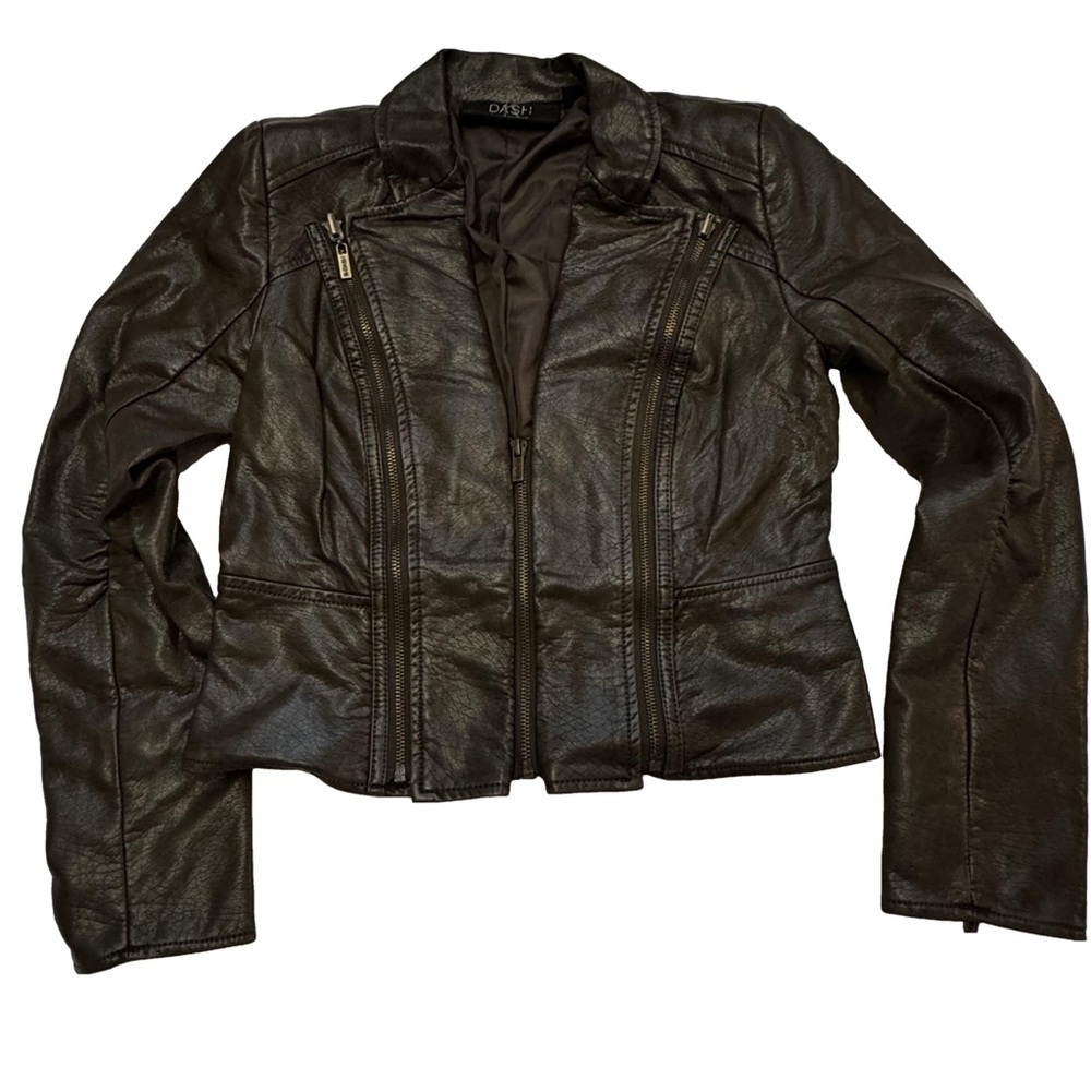DASH by Kardashian Women's Brown Faux Leather Jacket Size XXS Peplum Pockets NEW - Picture 13 of 15